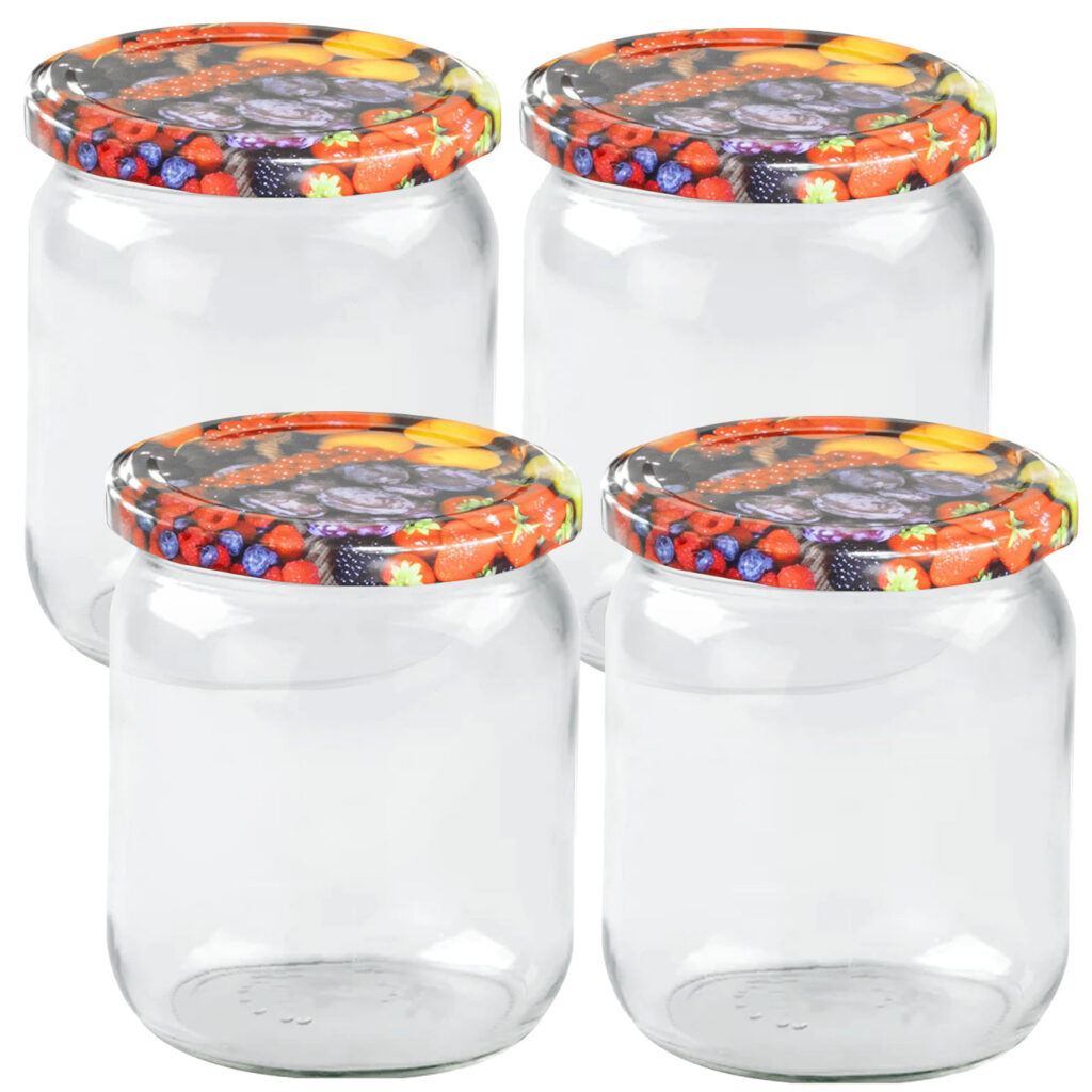 4er-Set Einmachgläser mit Schraubdeckel, Sturzgläser mit Früchte-Muster, je 540 ml 4er-Set Einmachgläser mit Schraubdeckel, Sturzgläser mit Früchte-Muster, je 540 ml