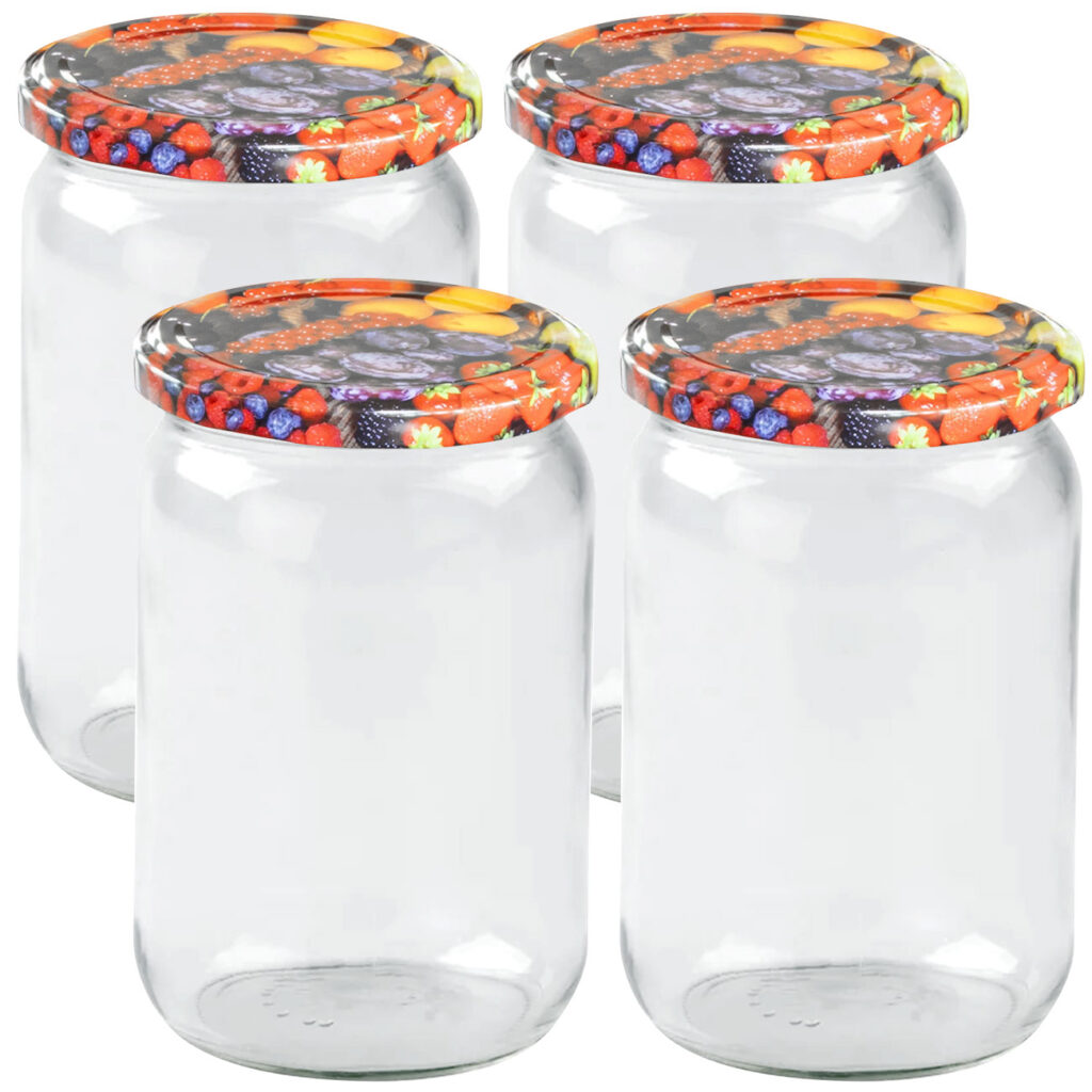 4er-Set Einmachgläser mit Schraubdeckel, Sturzgläser mit Früchte-Muster, je 720 ml 4er-Set Einmachgläser mit Schraubdeckel, Sturzgläser mit Früchte-Muster, je 720 ml