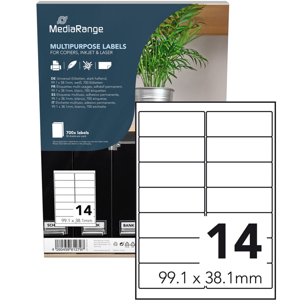 Universal-Klebe-Etiketten, stark haftend, 99.1 x 38.1 mm, 50 Blatt / 700 Etiketten, weiss Universal-Klebe-Etiketten, stark haftend, 99.1 x 38.1 mm, 50 Blatt / 700 Etiketten, weiss