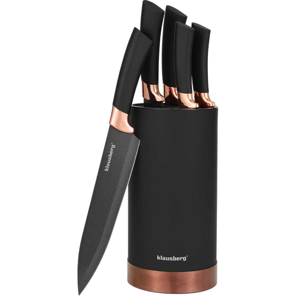 Design-Messerset, 5-teilig, mit Messerblock, schwarz-roségold Design-Messerset, 5-teilig, mit Messerblock, schwarz-roségold