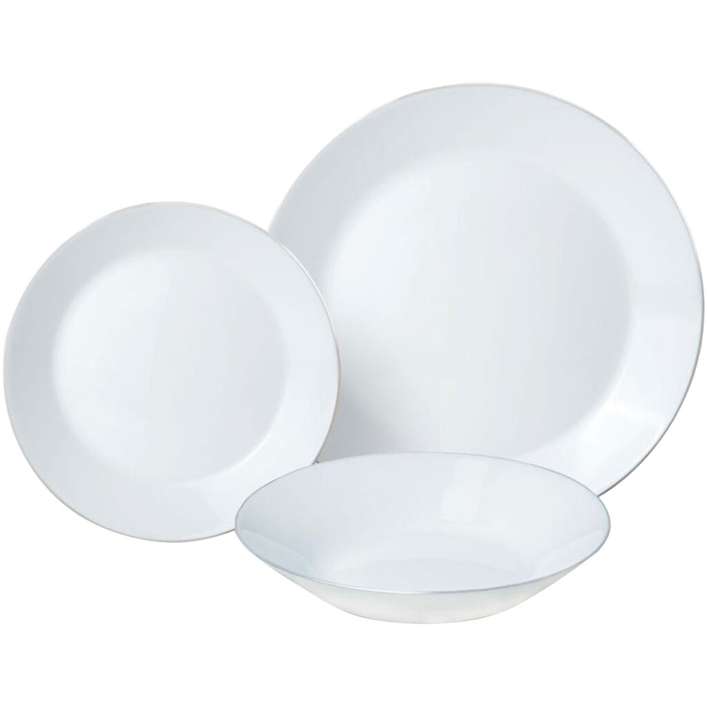 18-teiliges Geschirr-Set aus Glas, weiss mit Silberrand 18-teiliges Geschirr-Set aus Glas, weiss mit Silberrand
