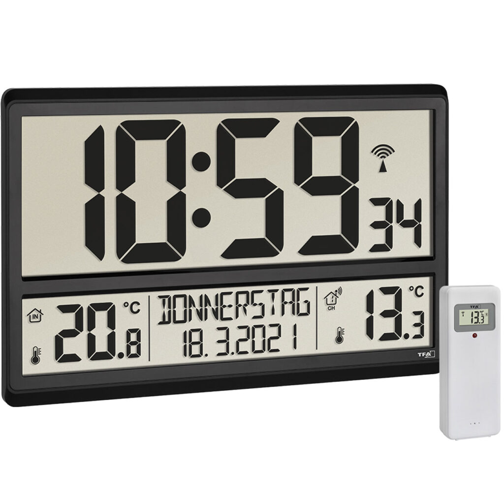 Digitale XL-Funkuhr mit Aussen- und Innentemperatur-Anzeige Digitale XL-Funkuhr mit Aussen- und Innentemperatur-Anzeige