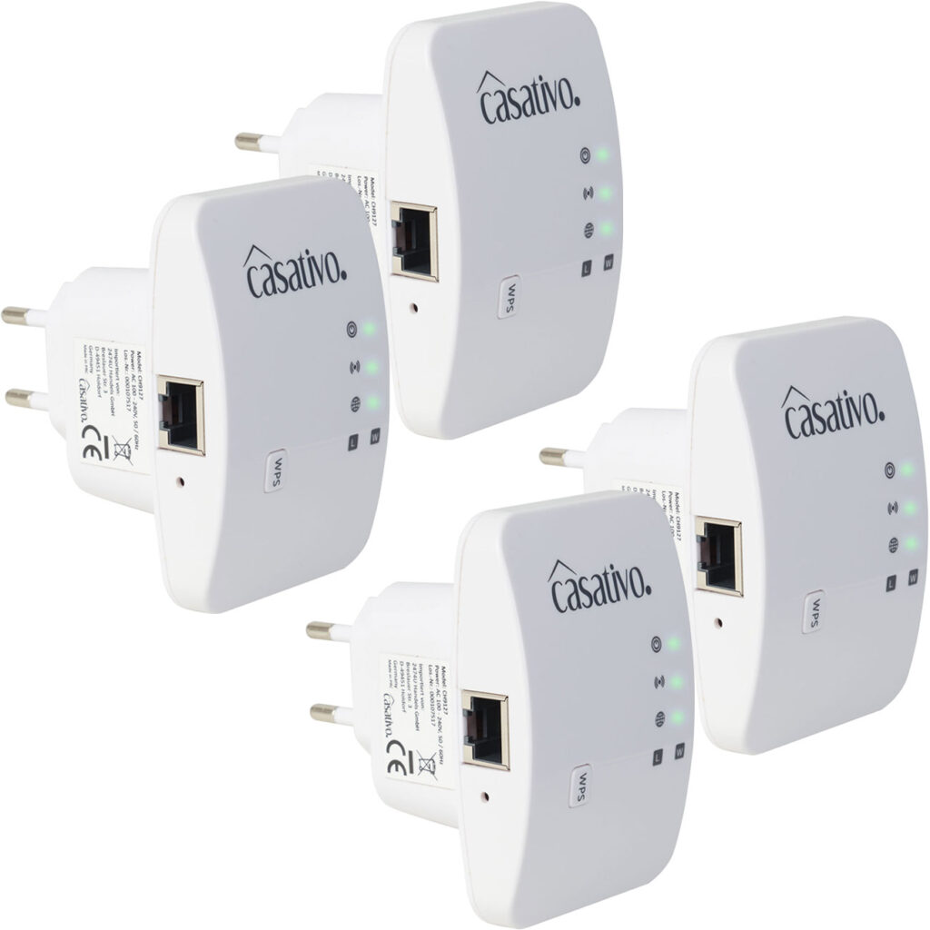 4er-Set Mini-WLAN-Repeater mit WPS-Funktion, 300 Mbit/s, LAN-Anschluss & 2,4 GHz 4er-Set Mini-WLAN-Repeater mit WPS-Funktion, 300 Mbit/s, LAN-Anschluss & 2,4 GHz