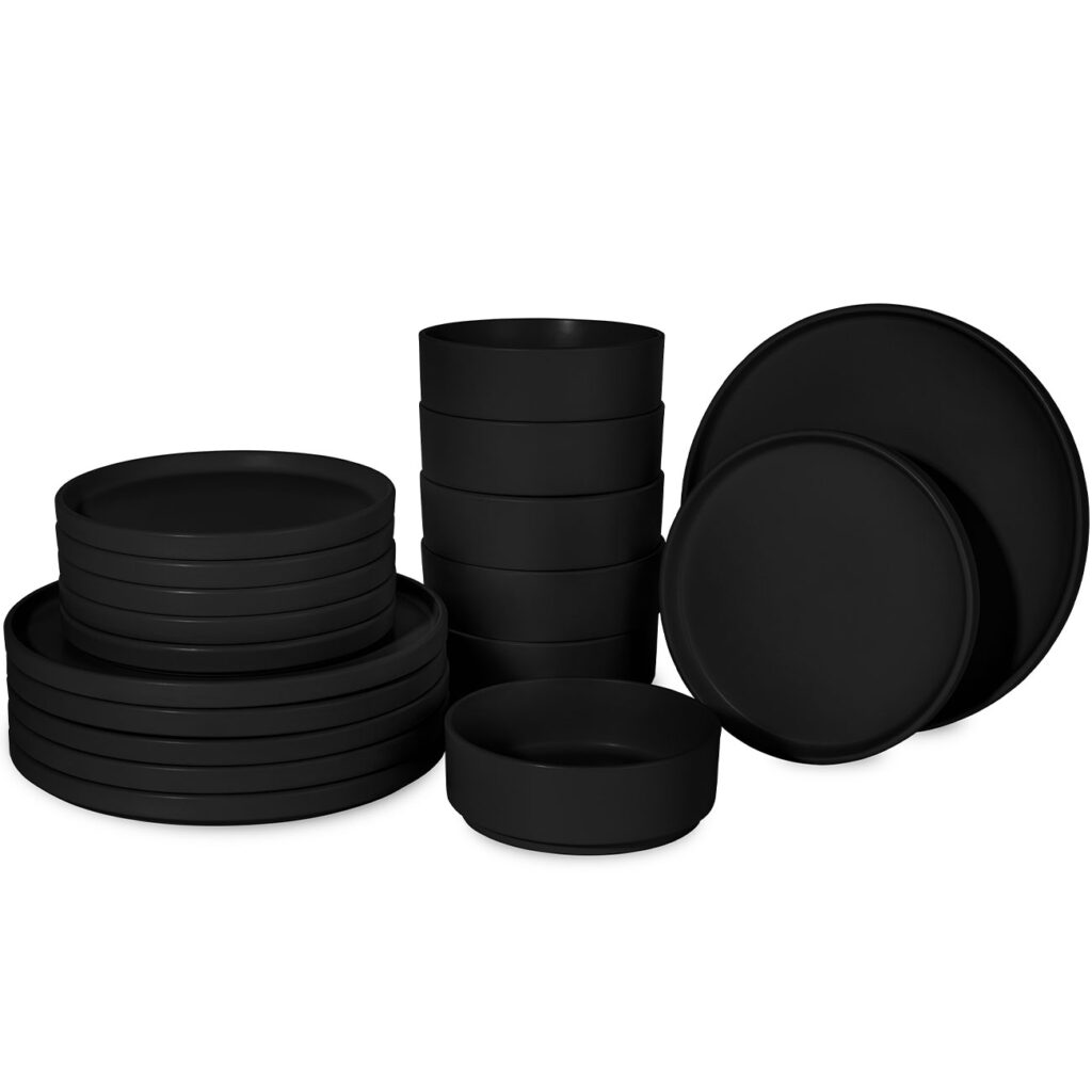 Design Geschirr-Set aus Steingut, 18-teilig, stapelbar, mattschwarz Design Geschirr-Set aus Steingut, 18-teilig, stapelbar, mattschwarz