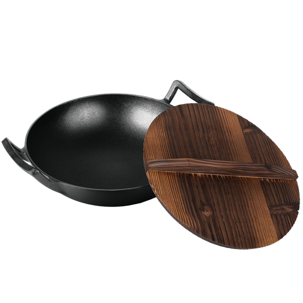 Gusseisen-Wokpfanne mit Holzdeckel, Ø 30 cm
