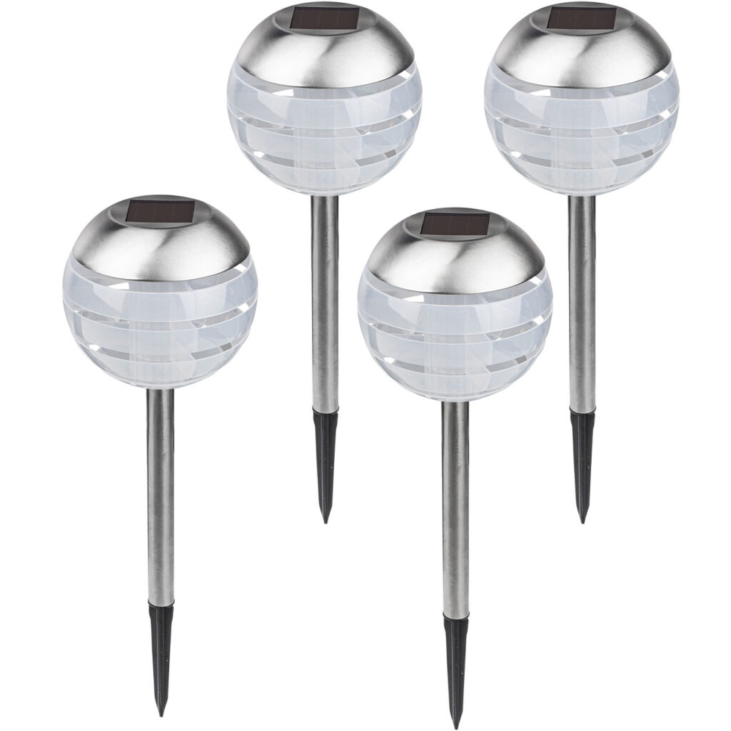 4er-Set LED-Kugelleuchte mit Erdspiess, Edelstahl