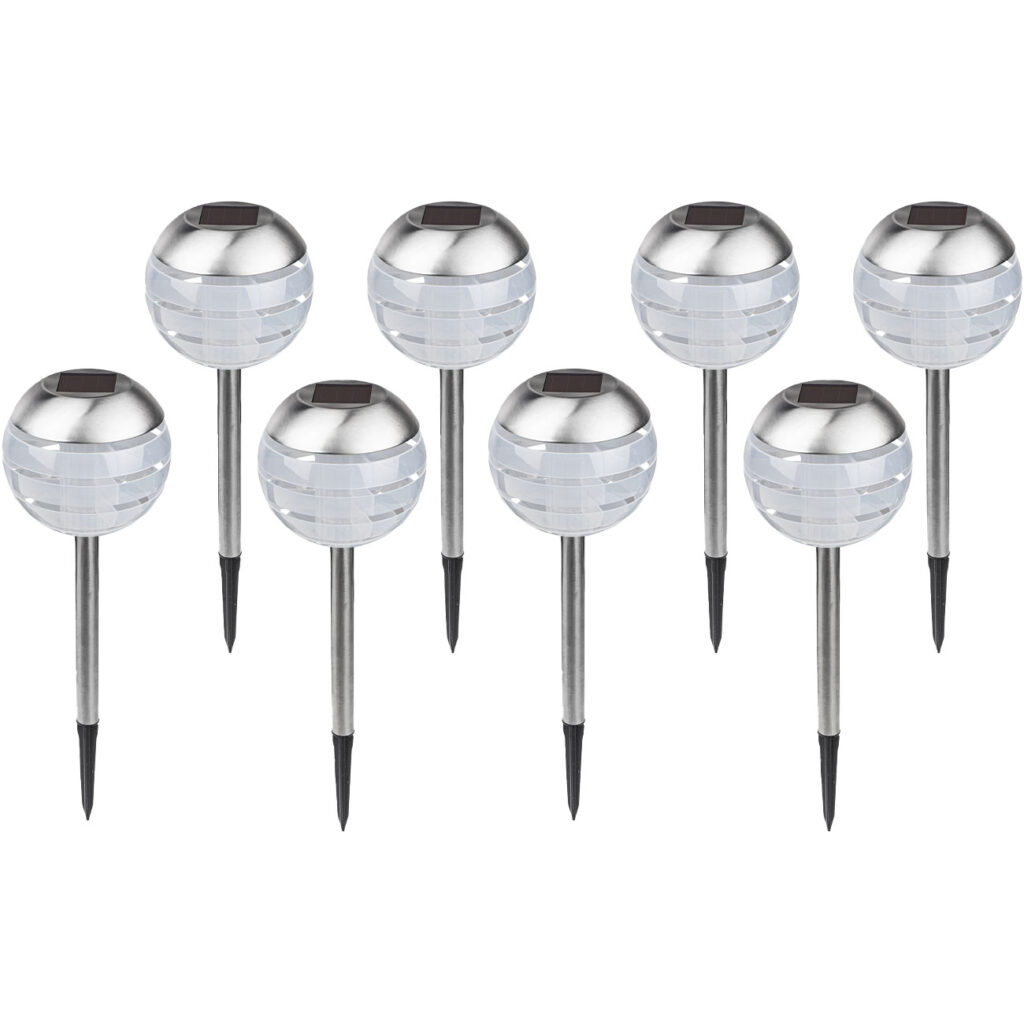 8er-Set LED-Kugelleuchte mit Erdspiess, Edelstahl 8er-Set LED-Kugelleuchte mit Erdspiess, Edelstahl