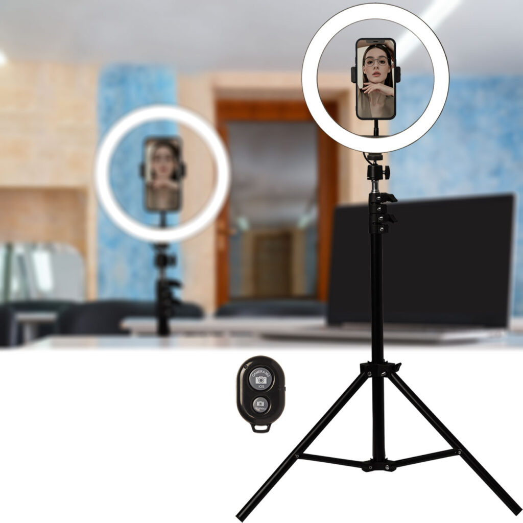 LED-Ringlicht mit Stativständer und Handy-Halterung, Fernauslöser, Ø 10″ / 25 cm LED-Ringlicht mit Stativständer und Handy-Halterung, Fernauslöser, Ø 10″ / 25 cm