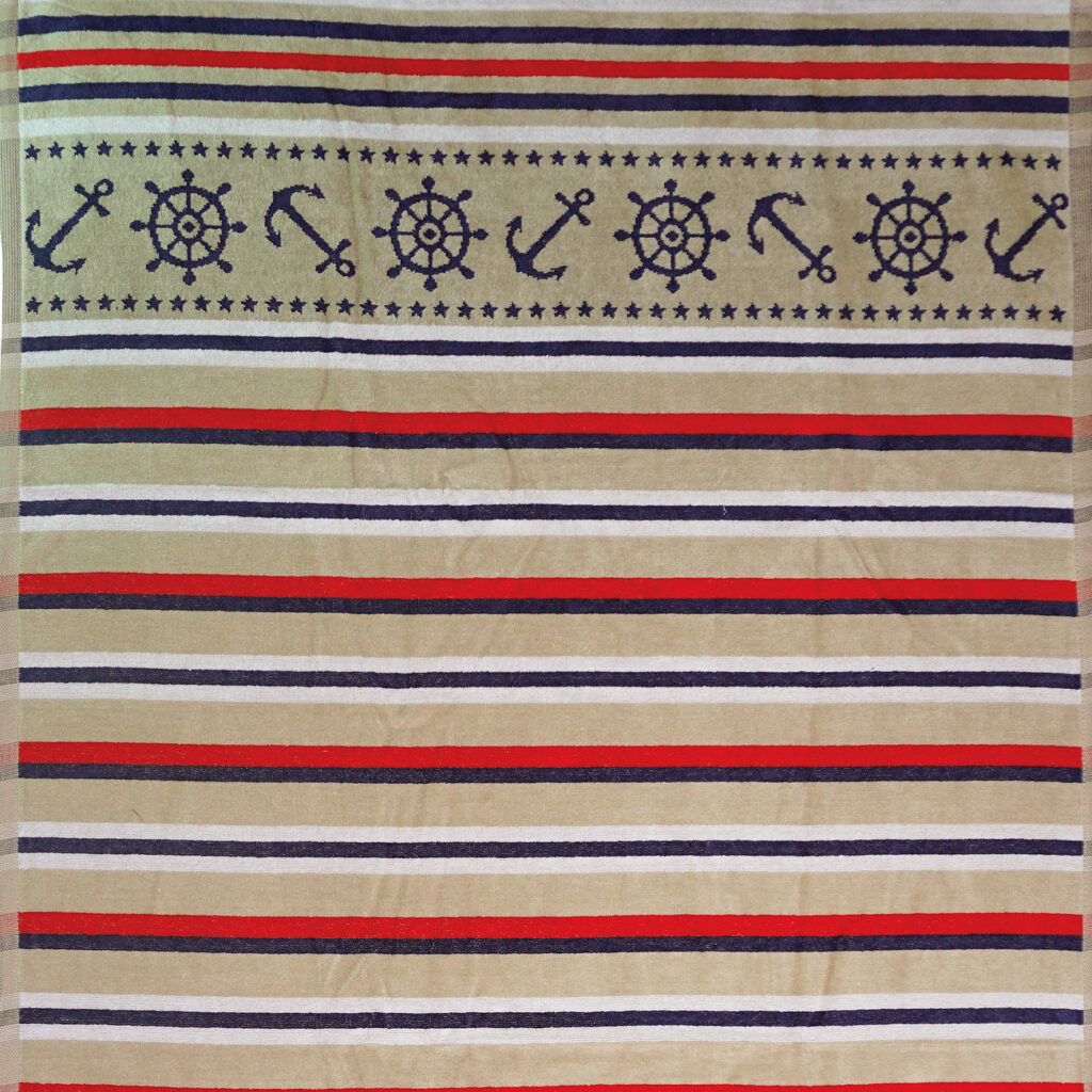 Jacquard-Strandbadetuch, Streifen und maritime Elemente, 100% Baumwolle, 90 x 170 cm Jacquard-Strandbadetuch, Streifen und maritime Elemente, 100% Baumwolle, 90 x 170 cm