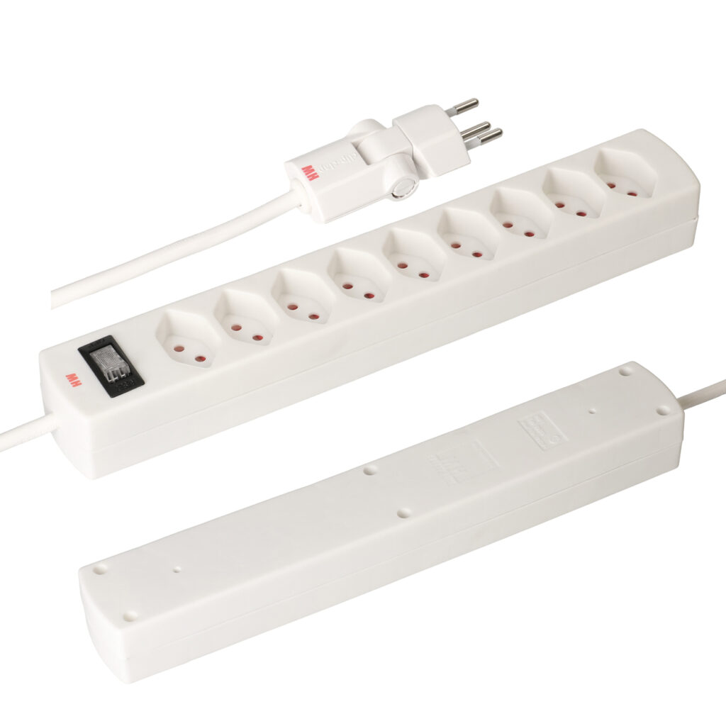 Steckdosenleiste Safety Line mit 9 Typ13 Stecker, Clip-Clap Kabel und Schalter, weiss Steckdosenleiste Safety Line mit 9 Typ13 Stecker, Clip-Clap Kabel und Schalter, weiss