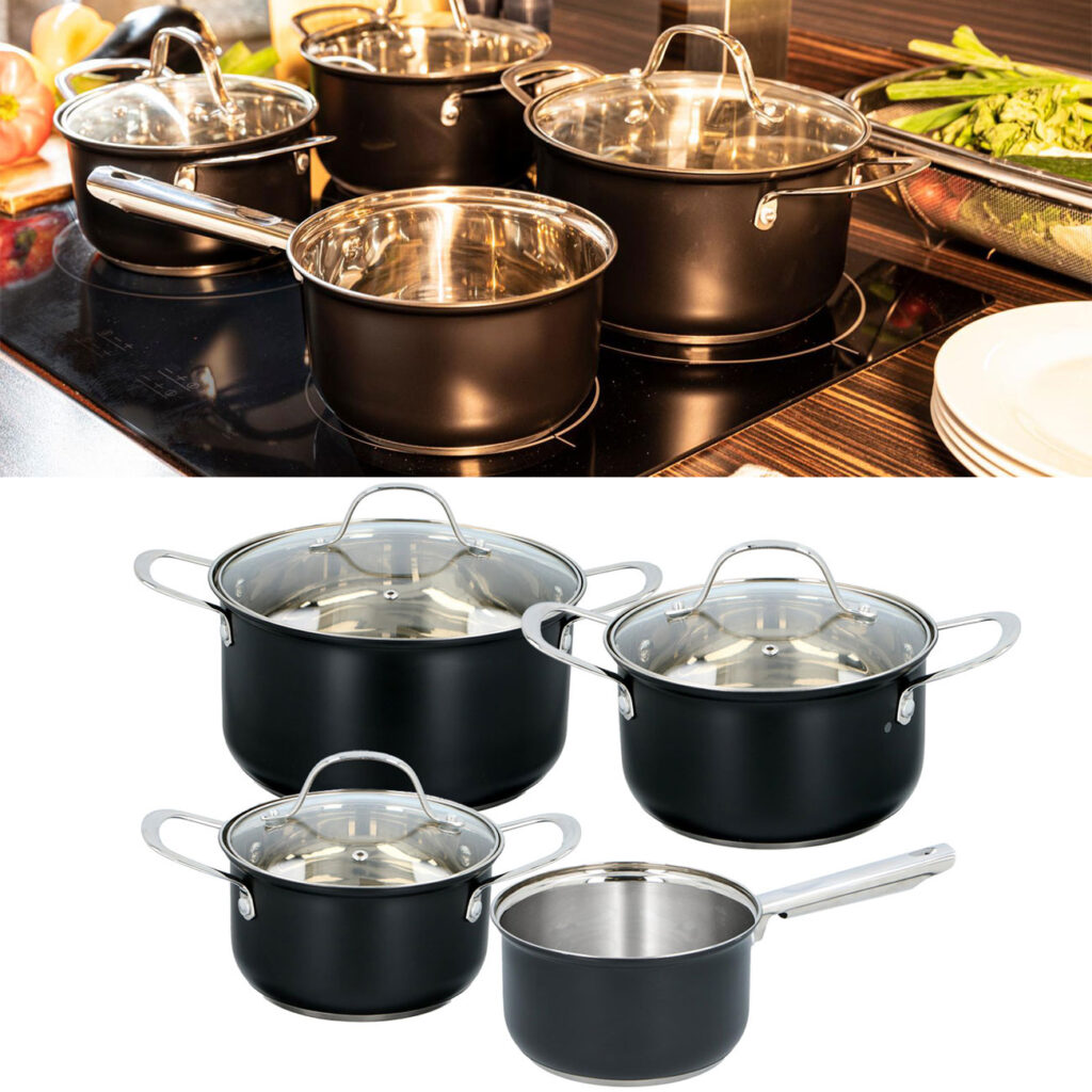 Kochgeschirr-Set, 7-tlg., rostfrei, induktionsgeeignet, schwarz/silber Kochgeschirr-Set, 7-tlg., rostfrei, induktionsgeeignet, schwarz/silber