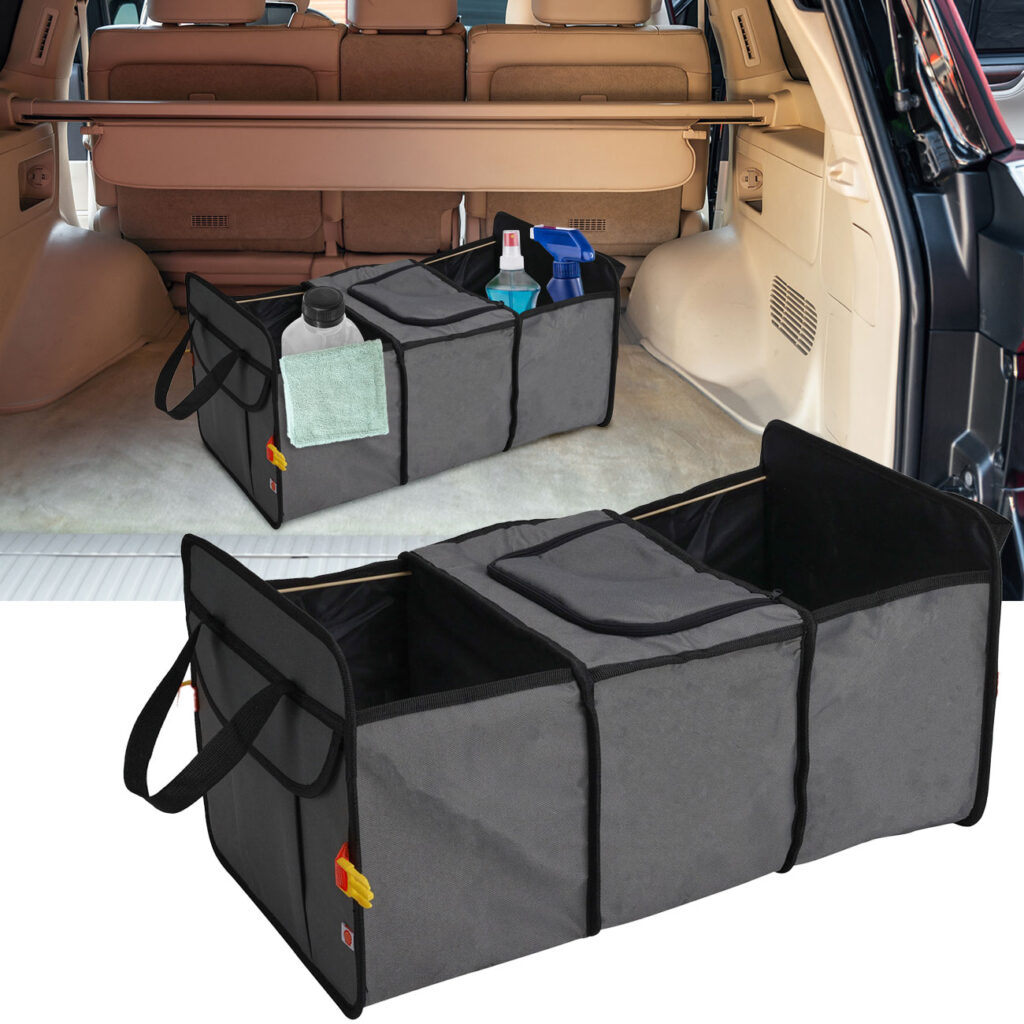 Kofferraumtasche mit Kühlfach, grau, mit 3 Fächern, faltbar Kofferraumtasche mit Kühlfach, grau, mit 3 Fächern, faltbar