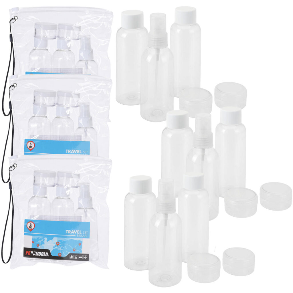 Reiseflaschenset fürs Handgepäck, 15-teilig, inkl. transparentem Beutel Reiseflaschenset fürs Handgepäck, 15-teilig, inkl. transparentem Beutel