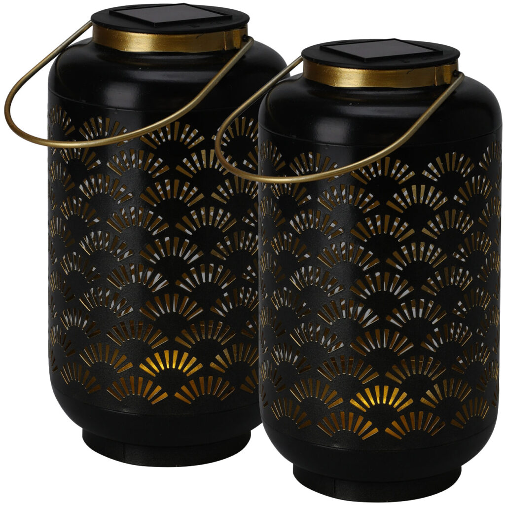 2er-Set Solar Laterne, Metall, schwarz mit goldenen Applikationen, Ø 13 x H 23,5 cm 2er-Set Solar Laterne, Metall, schwarz mit goldenen Applikationen, Ø 13 x H 23,5 cm