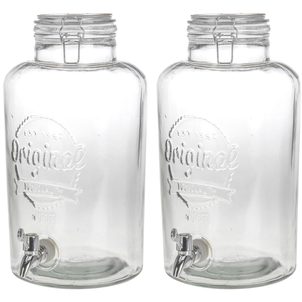 2er-Set Getränkespender aus Glas, mit Zapfhahn, 8 L, mit Glasdeckel 2er-Set Getränkespender aus Glas, mit Zapfhahn, 8 L, mit Glasdeckel