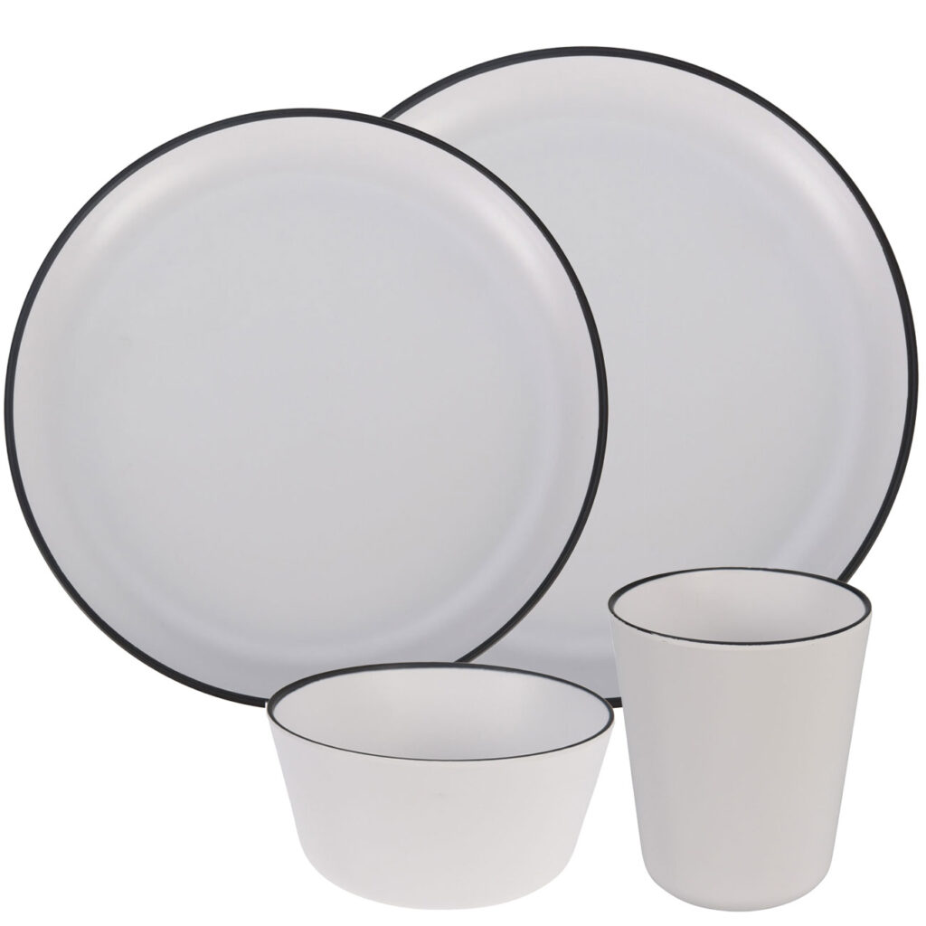 Melamin Geschirr Set, weiss mit schwarzem Rand, zwei Teller, Becher und Schale Melamin Geschirr Set, weiss mit schwarzem Rand, zwei Teller, Becher und Schale