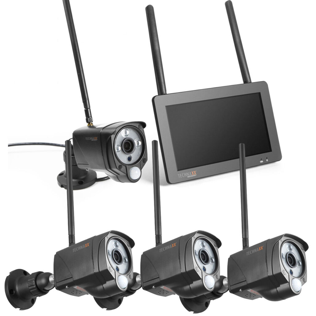 Funk-Überwachungskamera Set, 7″ Touchscreen-Empfänger, 4 FullHD IP Kameras Funk-Überwachungskamera Set, 7″ Touchscreen-Empfänger, 4 FullHD IP Kameras