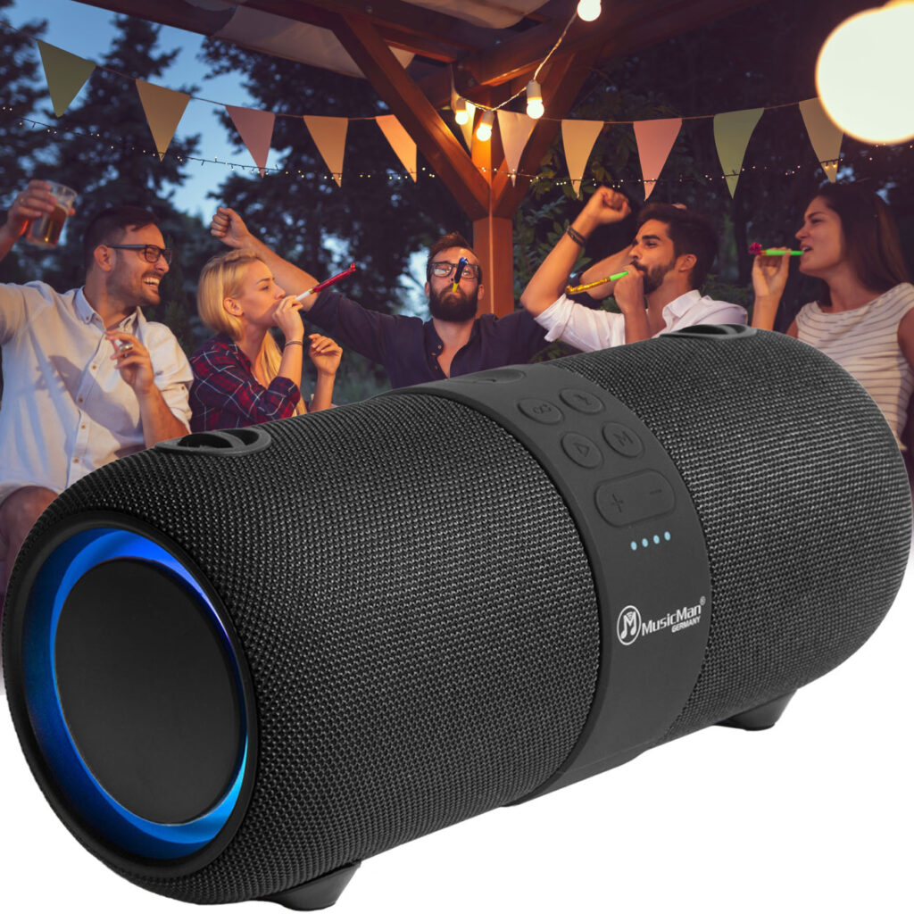 Stereolautsprecher mit Schultergurt, Bluetooth und LED Beleuchtung Stereolautsprecher mit Schultergurt, Bluetooth und LED Beleuchtung