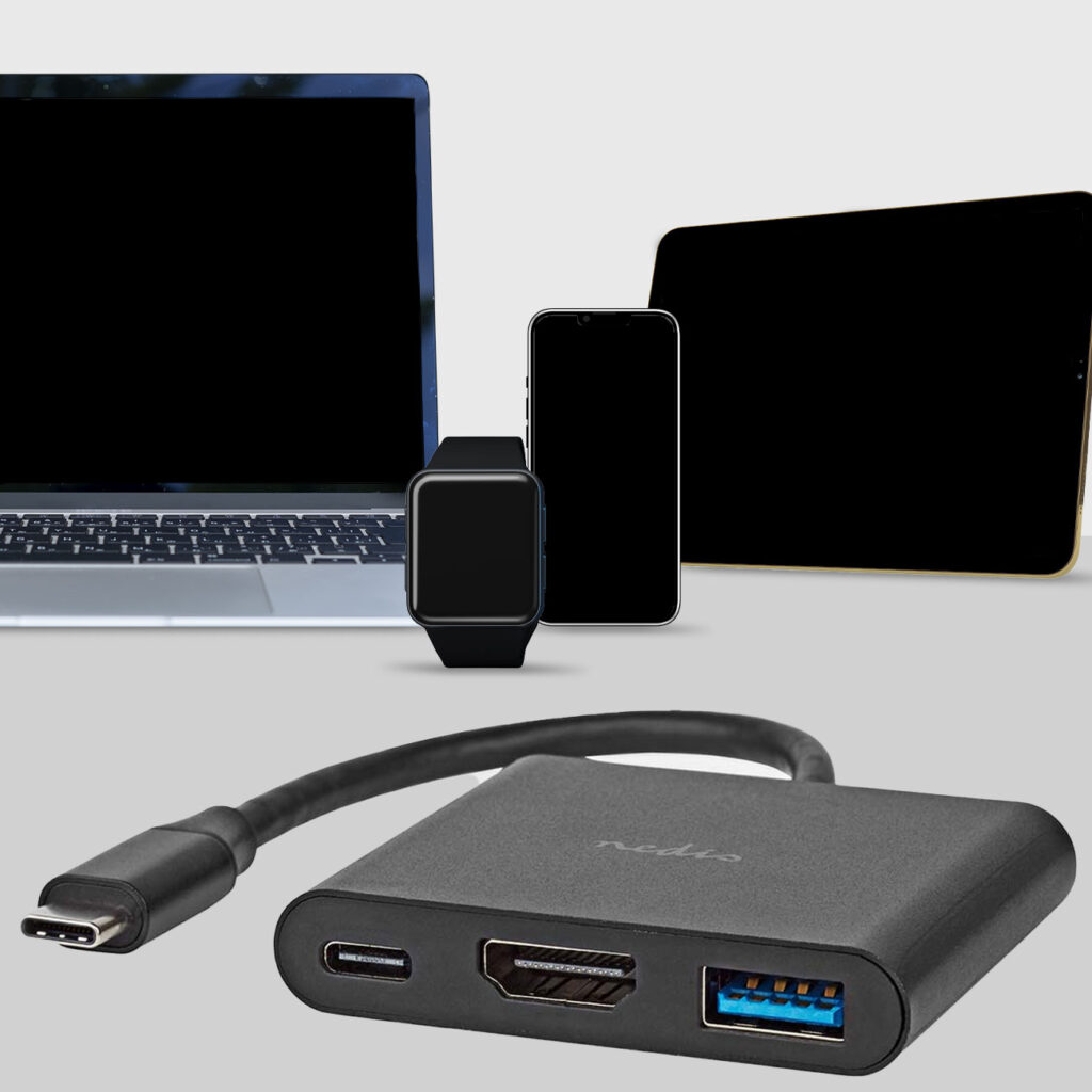 USB-C Hub, Multiport Adapter mit USB Typ-C, 4K@30Hz HDMI, USB-A, 5 Gbps, schwarz USB-C Hub, Multiport Adapter mit USB Typ-C, 4K@30Hz HDMI, USB-A, 5 Gbps, schwarz