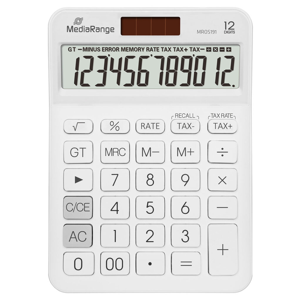 Taschenrechner, mit Steuerberechnung, 12 Ziffern, Solar- und Batteriebetrieb, weiss Taschenrechner, mit Steuerberechnung, 12 Ziffern, Solar- und Batteriebetrieb, weiss