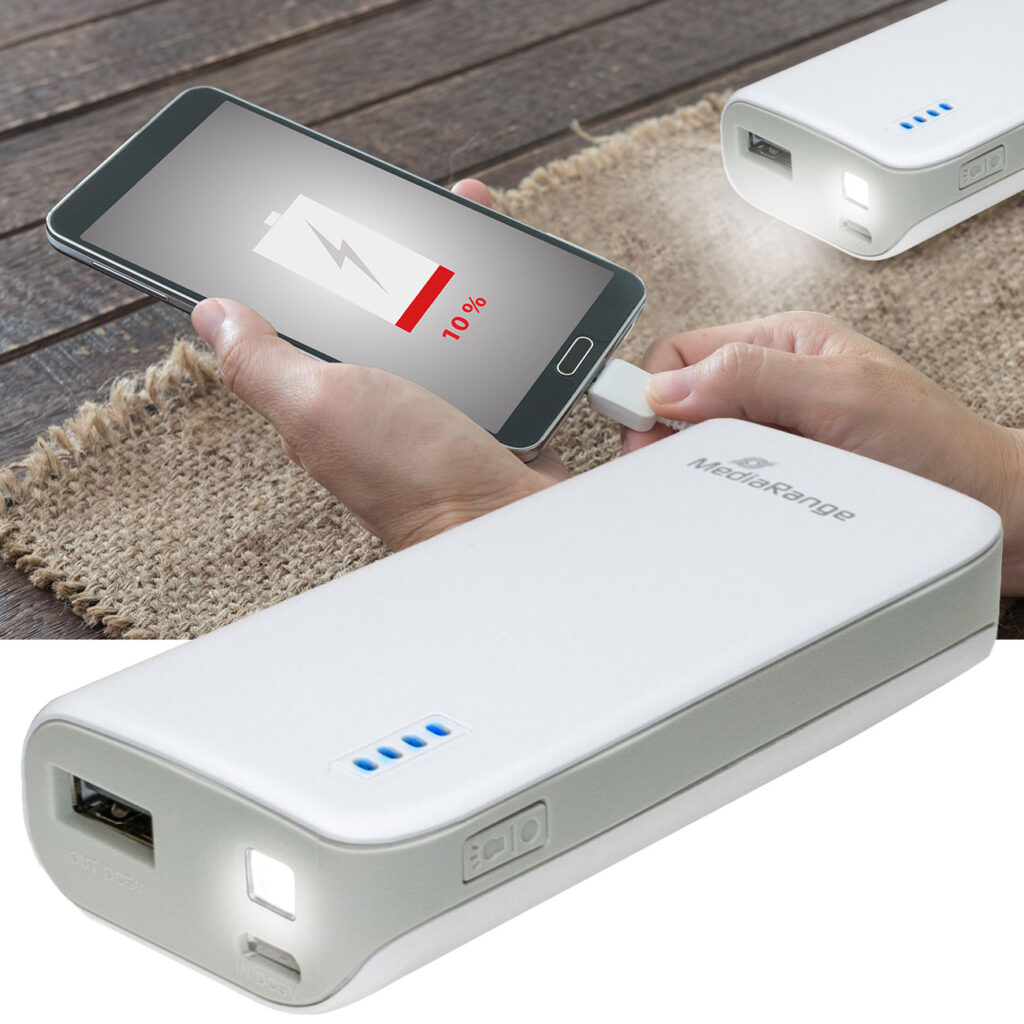 Powerbank, 5.200mAh mit LED-Taschenlampe, USB-A, weiss/grau Powerbank, 5.200mAh mit LED-Taschenlampe, USB-A, weiss/grau