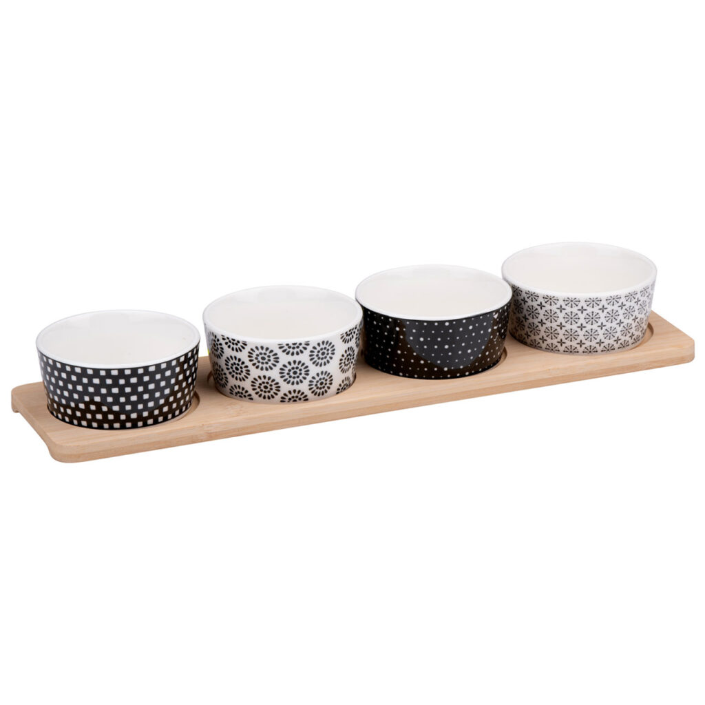 Servier-Set, 4 Schalen auf Holztablett, Porzellan, gemustert, Tapas-Set Servier-Set, 4 Schalen auf Holztablett, Porzellan, gemustert, Tapas-Set