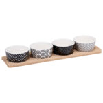 Servier-Set, 4 Schalen auf Holztablett, Porzellan, gemustert, Tapas-Set
