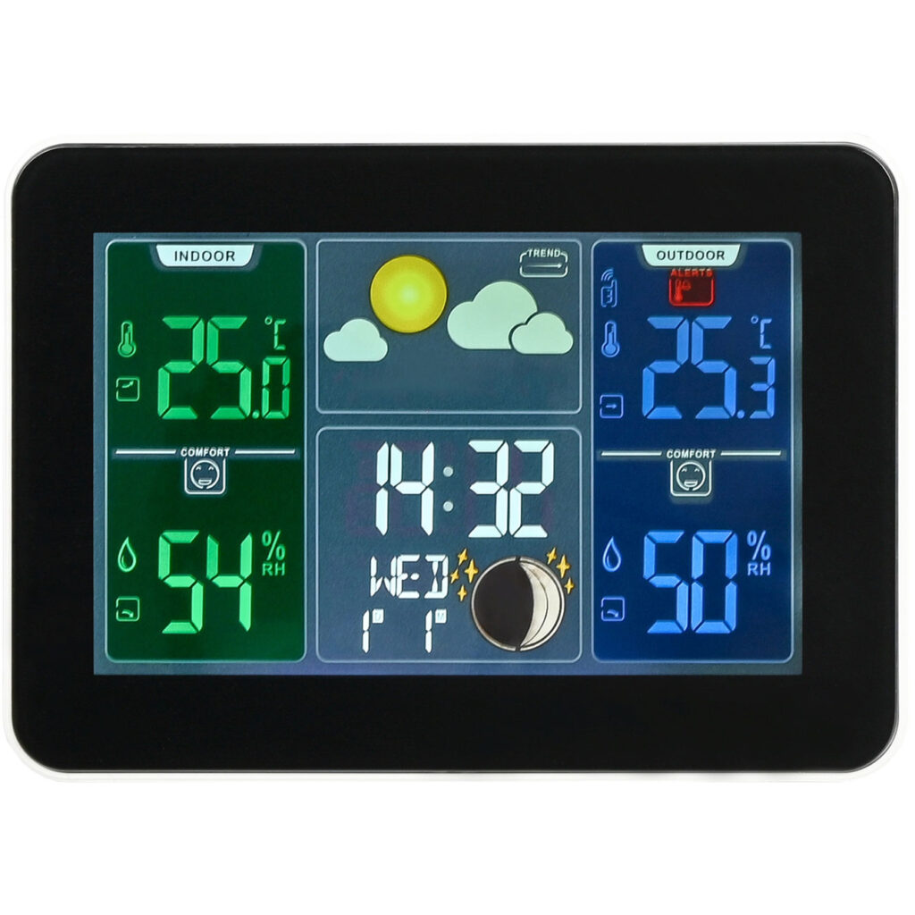 Wetterstation mit LCD Farbdisplay, Funk-Aussensensor, Barometer, Wecker Wetterstation mit LCD Farbdisplay, Funk-Aussensensor, Barometer, Wecker