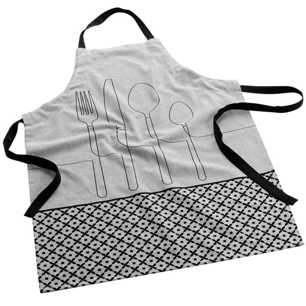 Küchenschürze, recycelte Baumwolle, grau mit Besteck-Aufdruck, 60 x 84 cm Küchenschürze, recycelte Baumwolle, grau mit Besteck-Aufdruck, 60 x 84 cm