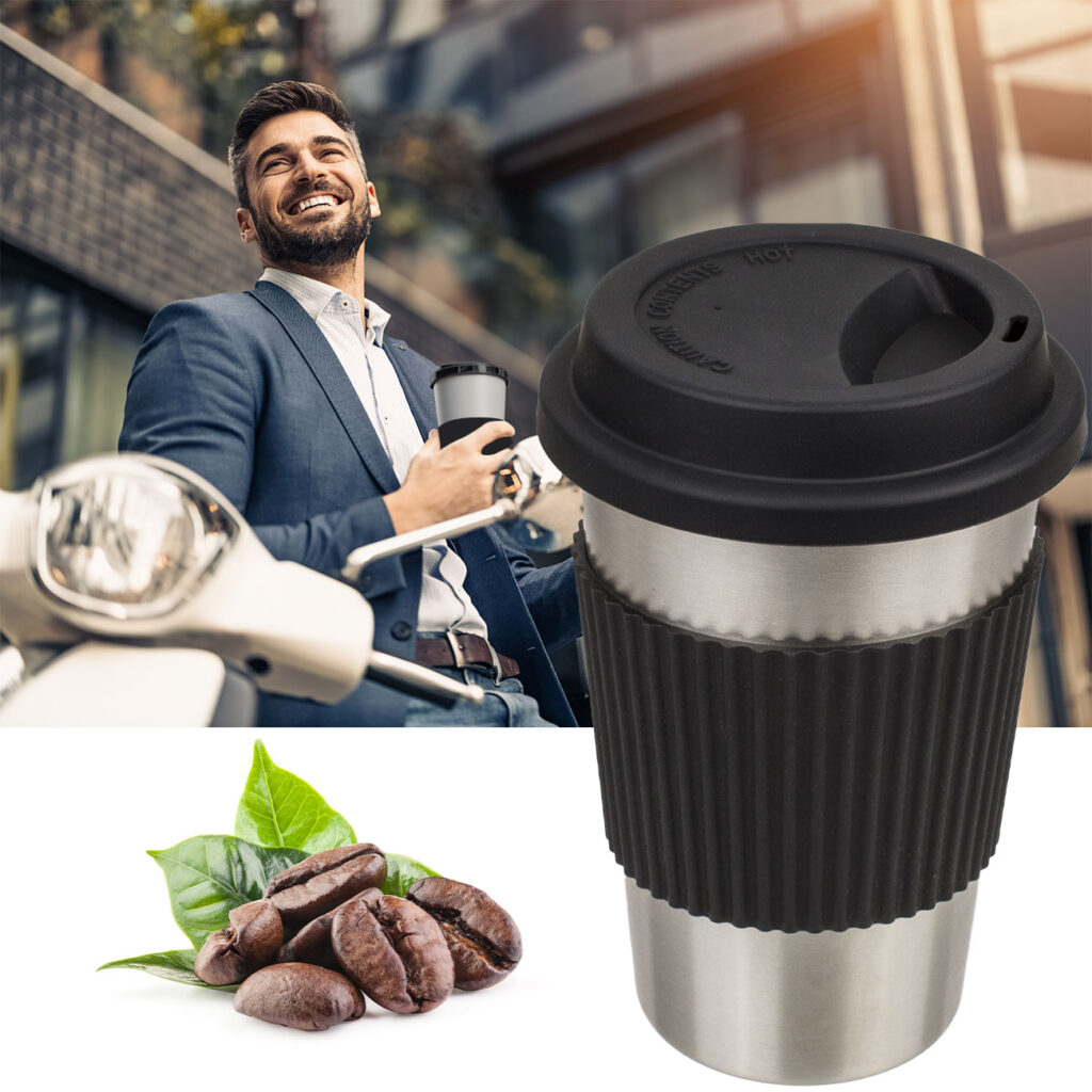 Kaffeebecher, Edelstahl, mit Silikonbanderole und Deckel, 500 ml Kaffeebecher, Edelstahl, mit Silikonbanderole und Deckel, 500 ml