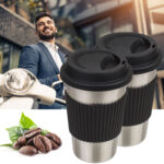 2er-Set Kaffeebecher, Edelstahl, mit Silikonbanderole, Deckel, 500 ml