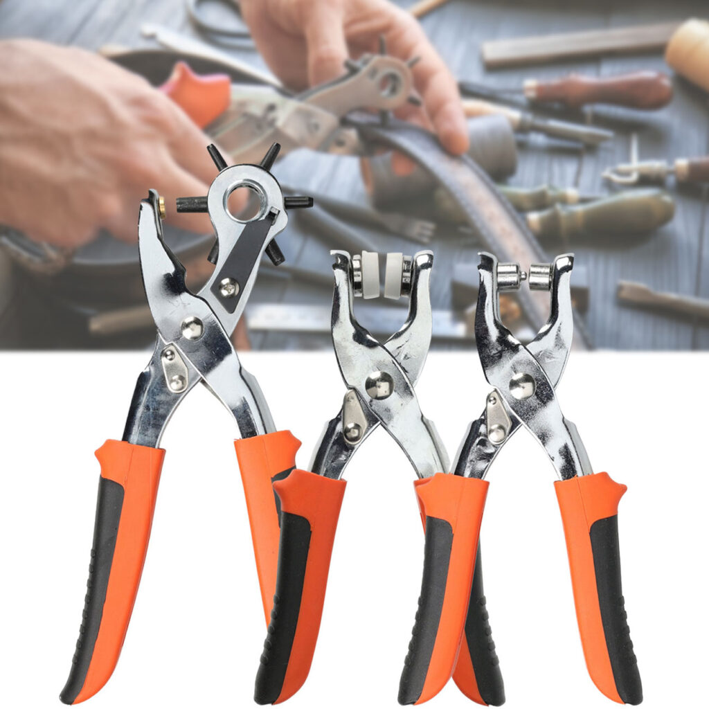 Lochzangen-Set, mit Revolver-Lochzange, Druckknopfzange und Nietenzange Lochzangen-Set, mit Revolver-Lochzange, Druckknopfzange und Nietenzange