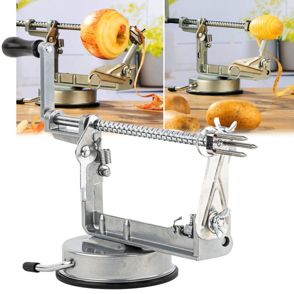 Apfel- und Kartoffelschäler & -Schneider aus Edelstahl, mit Kurbel Apfel- und Kartoffelschäler & -Schneider aus Edelstahl, mit Kurbel
