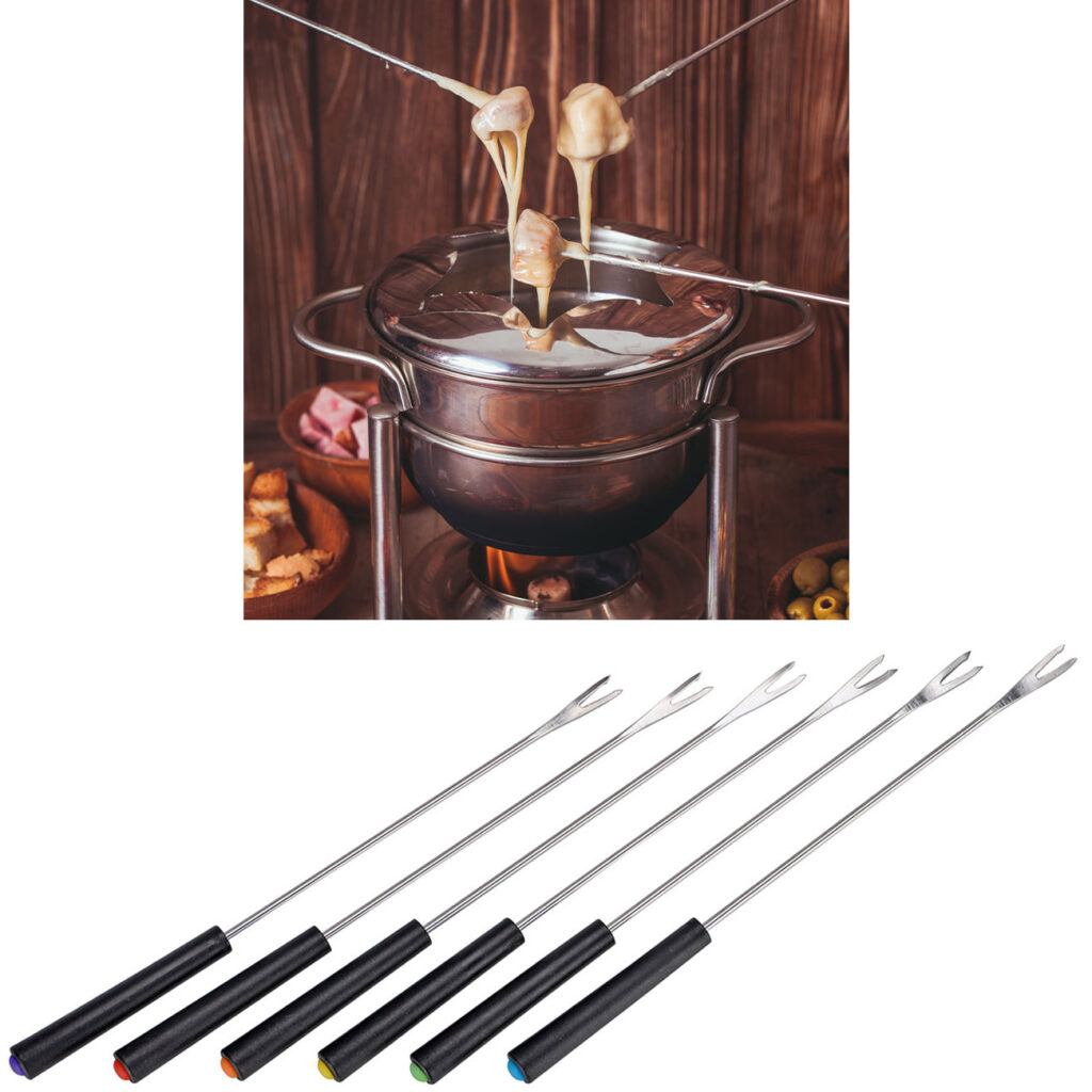 6 Fondue-Gabeln mit schwarzem Griff aus Edelstahl, farbcodiert 6 Fondue-Gabeln mit schwarzem Griff aus Edelstahl, farbcodiert
