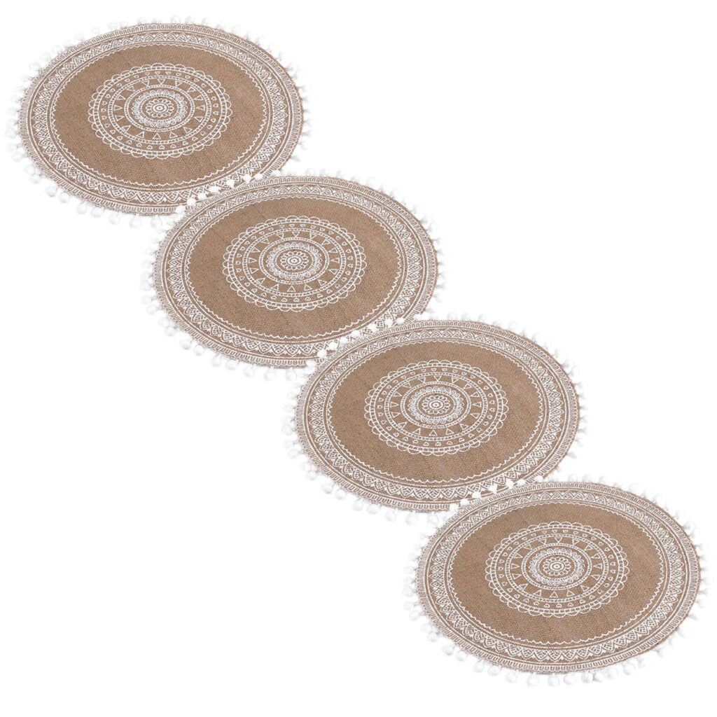 4er-Set rundes Tischset aus Jute, mit Quasten, Boho Platzset, 38 x 38 cm 4er-Set rundes Tischset aus Jute, mit Quasten, Boho Platzset, 38 x 38 cm