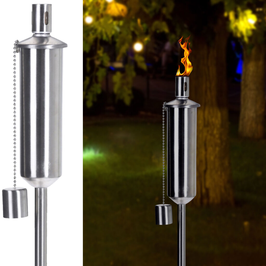 Öl-Gartenfackel aus Edelstahl mit Sicherheitskappe und Glasfaserdocht, 115 cm Öl-Gartenfackel aus Edelstahl mit Sicherheitskappe und Glasfaserdocht, 115 cm