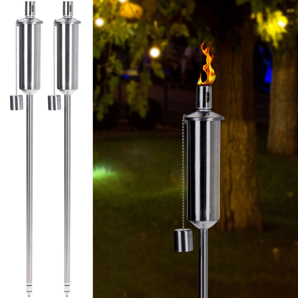 2er-Set Öl-Gartenfackel aus Edelstahl mit Sicherheitskappe und Glasfaserdocht, 115 cm 2er-Set Öl-Gartenfackel aus Edelstahl mit Sicherheitskappe und Glasfaserdocht, 115 cm