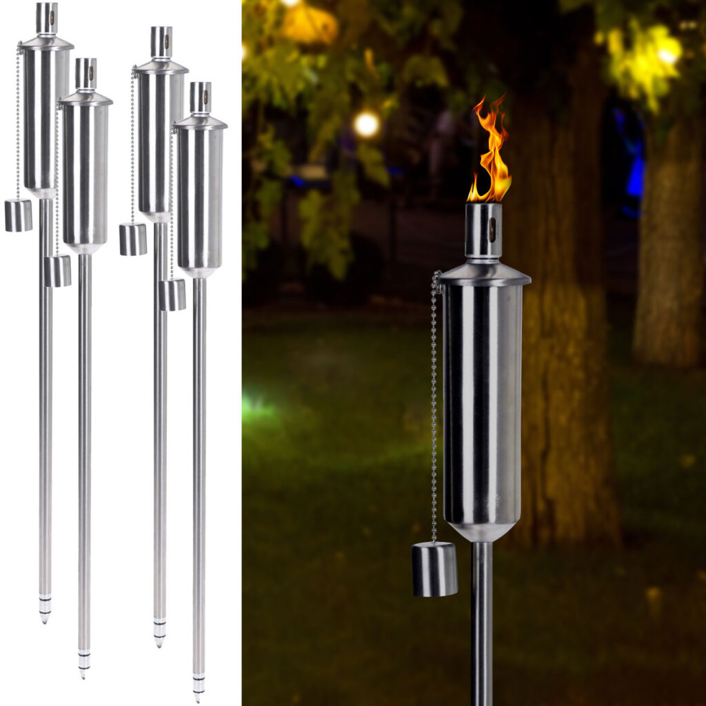 4er-Set Öl-Gartenfackel aus Edelstahl mit Sicherheitskappe und Glasfaserdocht, 115 cm