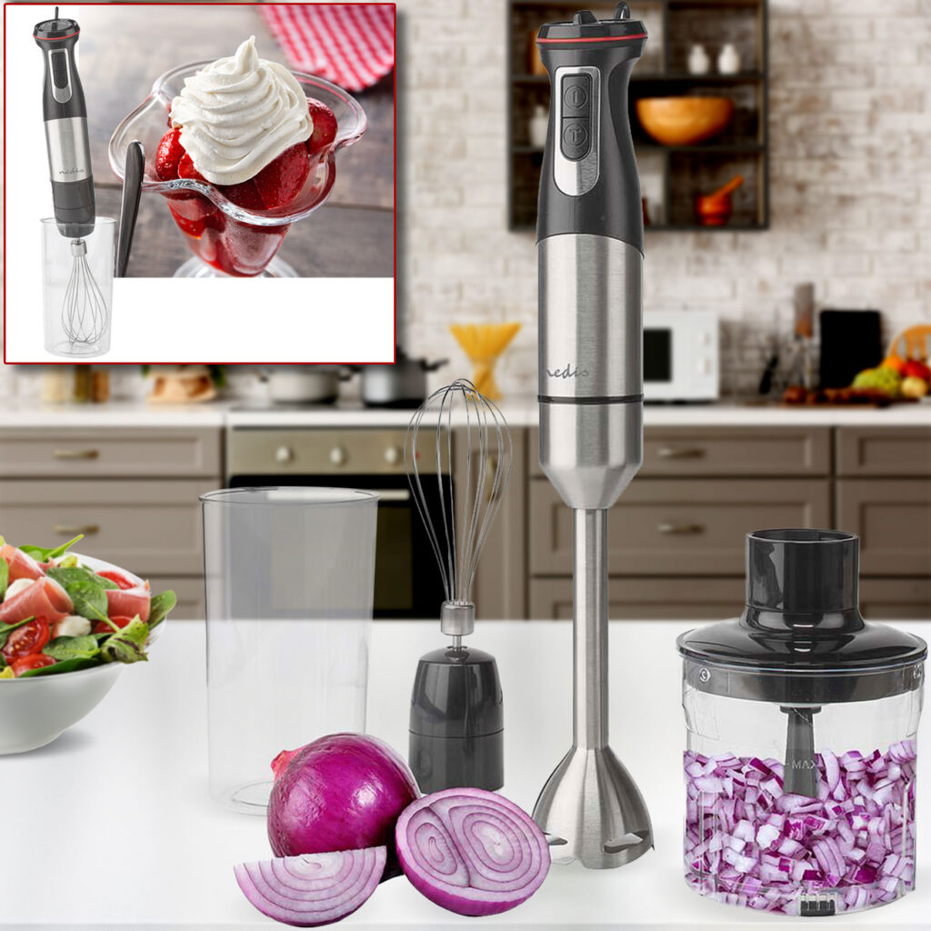 Professioneller Stabmixer mit Schneebesen und Zerkleinerer, inkl. Behälter, 800W Professioneller Stabmixer mit Schneebesen und Zerkleinerer, inkl. Behälter, 800W