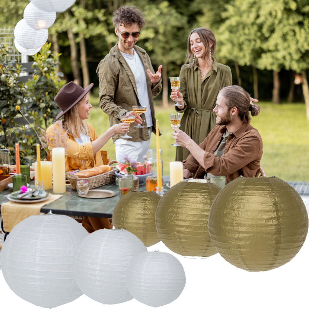 Papier-Lampions, 6 Stück in 3 Grössen, weiss & gold Papier-Lampions, 6 Stück in 3 Grössen, weiss & gold