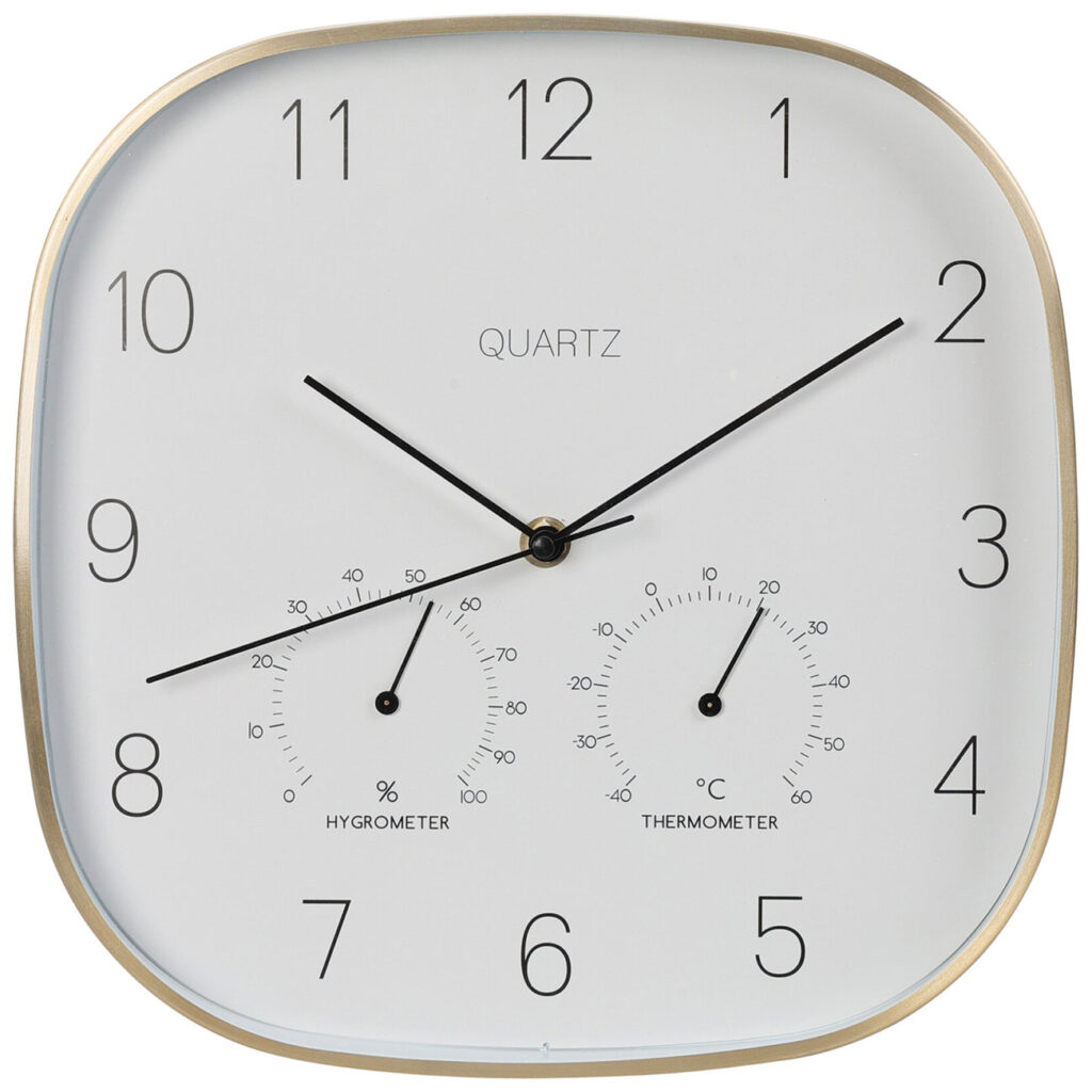 Wanduhr mit Thermo- und Hygrometer, Alu-Rahmen, gold, Ø 28,5 cm Wanduhr mit Thermo- und Hygrometer, Alu-Rahmen, gold, Ø 28,5 cm