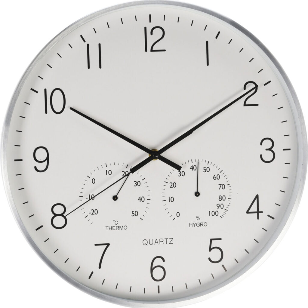 Wanduhr mit Thermo- und Hygrometer, Alu-Rahmen, silber, Ø 38 cm Wanduhr mit Thermo- und Hygrometer, Alu-Rahmen, silber, Ø 38 cm