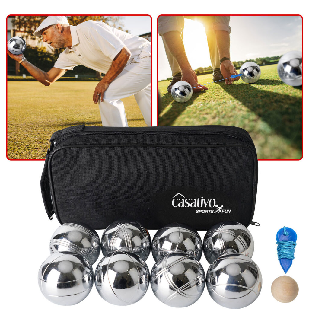 Boule- & Pétanque-Spiel mit 8 Metallkugeln, Holzkugel, Abstandsmesser, Tragetasche Boule- & Pétanque-Spiel mit 8 Metallkugeln, Holzkugel, Abstandsmesser, Tragetasche