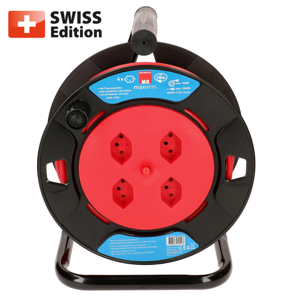 Kabelrolle 4x Typ 13 schwarz, 25m Thermoschutz Swiss Edition Kabelrolle 4x Typ 13 schwarz, 25m Thermoschutz Swiss Edition