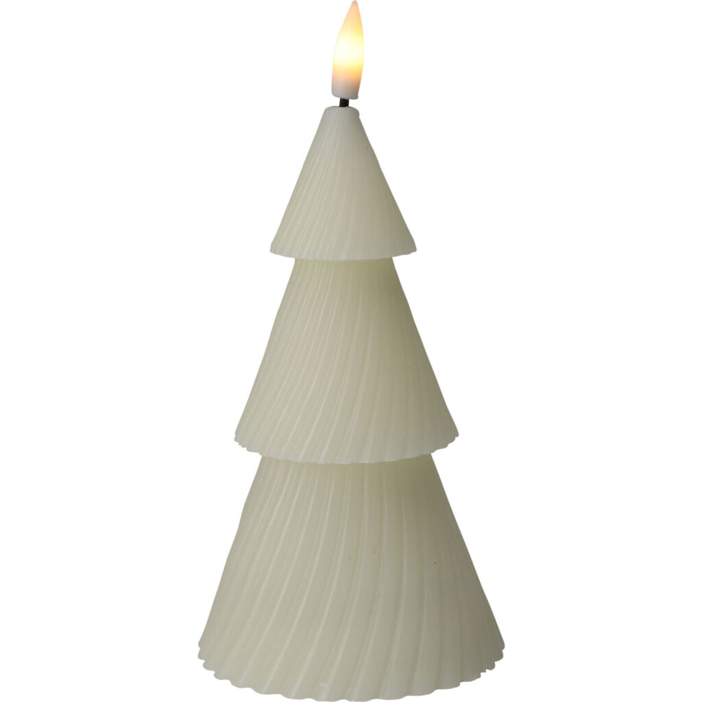 LED-Kerze Tannenbaum, warmweiss flackernd, Ø 8,5 x 15 cm, mit Timer, Elfenbeinfarbe LED-Kerze Tannenbaum, warmweiss flackernd, Ø 8,5 x 15 cm, mit Timer, Elfenbeinfarbe