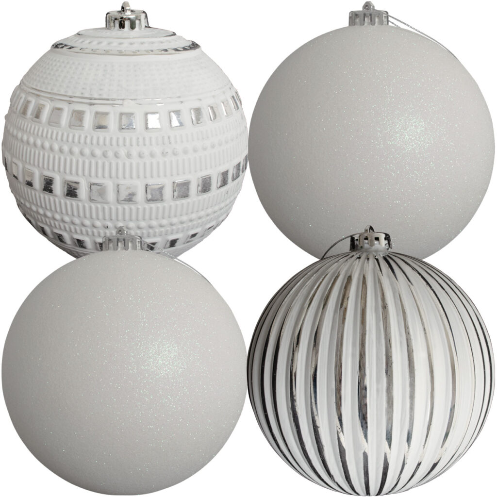 Weihnachtskugeln, 4 Stk., weiss, Ø 15 cm, 3 verschiedene Designs Weihnachtskugeln, 4 Stk., weiss, Ø 15 cm, 3 verschiedene Designs