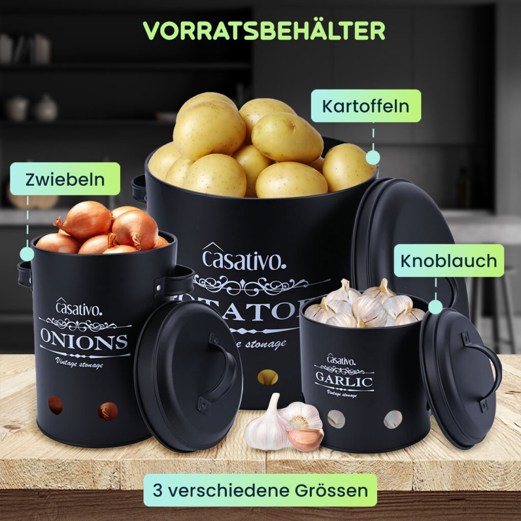 Vorratsbehälter, 3 Stück, Potatos/Onions/Garlic, schwarz mit Deckel und Luftlöchern Vorratsbehälter, 3 Stück, Potatos/Onions/Garlic, schwarz mit Deckel und Luftlöchern
