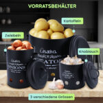 Vorratsbehälter, 3 Stück, Potatos/Onions/Garlic, schwarz mit Deckel und Luftlöchern