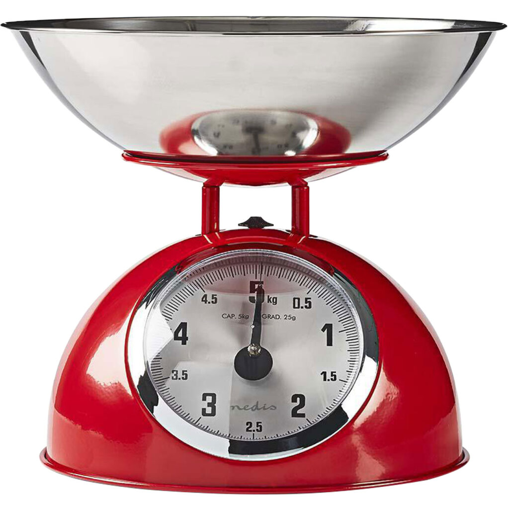 Analoge Küchenwaage im Retro-Design, Edelstahlschale, bis 5 kg, rot Analoge Küchenwaage im Retro-Design, Edelstahlschale, bis 5 kg, rot
