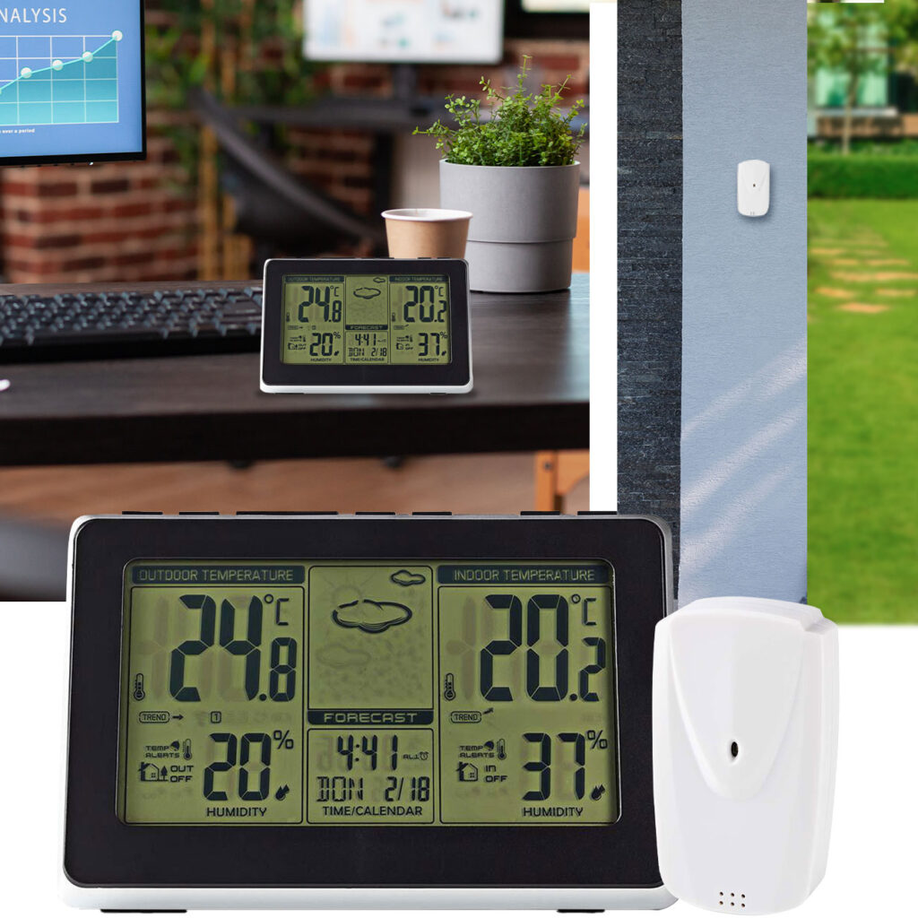Funk Wetterstation für den Innen- & Aussenbereich mit Aussensensor, Zeitdisplay und Wecker Funk Wetterstation für den Innen- & Aussenbereich mit Aussensensor, Zeitdisplay und Wecker